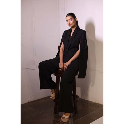 Kanika Verma Black Cape Sleeve Blazer with Bustier and Pant (Set of 3)