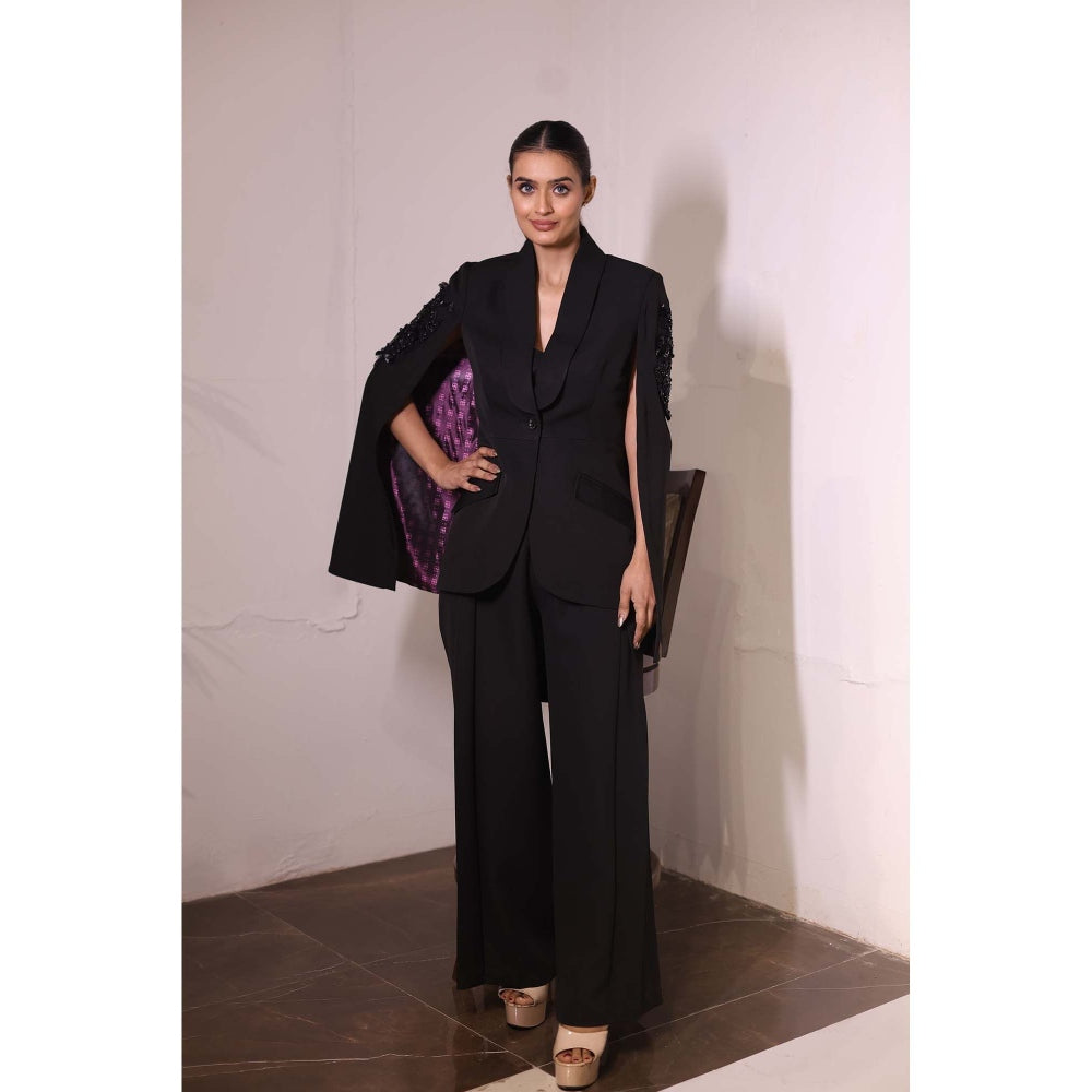Kanika Verma Black Cape Sleeve Blazer with Bustier and Pant (Set of 3)