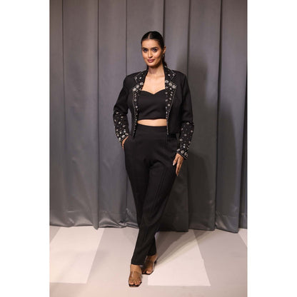 Kanika Verma Black Crop Blazer with Bustier and Pant (Set of 3)