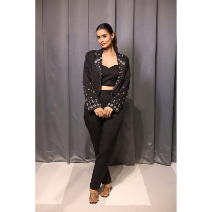 Kanika Verma Black Crop Blazer with Bustier and Pant (Set of 3)