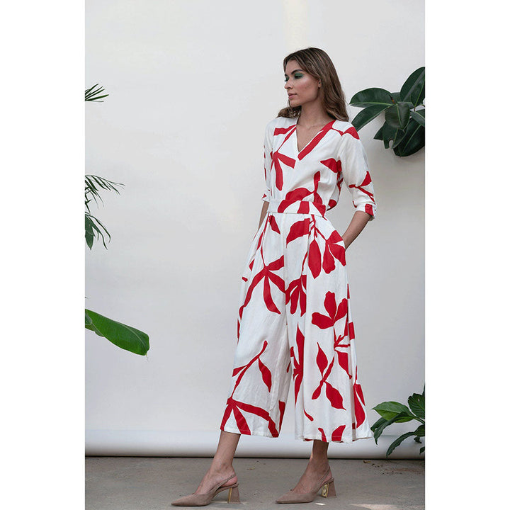 Kanelle Faith White & Red Floral Print Jumpsuit with Belt (Set of 2)