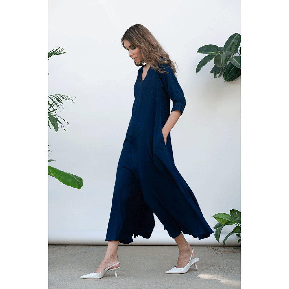 Kanelle Faith Solid Navy Blue Jumpsuit with Belt (Set of 2)