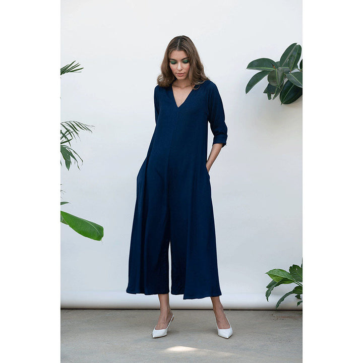 Kanelle Faith Solid Navy Blue Jumpsuit with Belt (Set of 2)