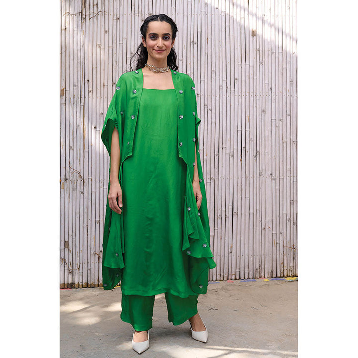 Kanelle Women Shoulder Straps Longline Sleeveless Gazal Co-Ord-Green (Set of 3)