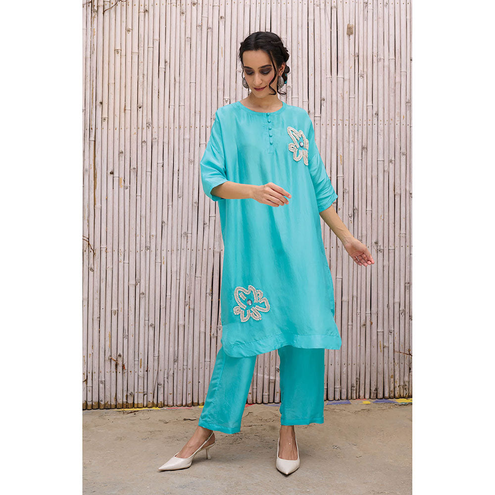 Kanelle Round Neck Longline Three Fourth Sleeve Akia Solid Co-Ord-Turquoise (Set of 3)