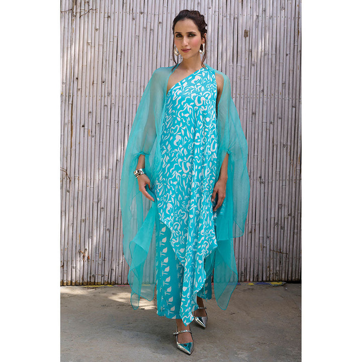Kanelle Women One Shoulder Longline Sleeveless Gul Print Co-Ord-Turquoise (Set of 3)