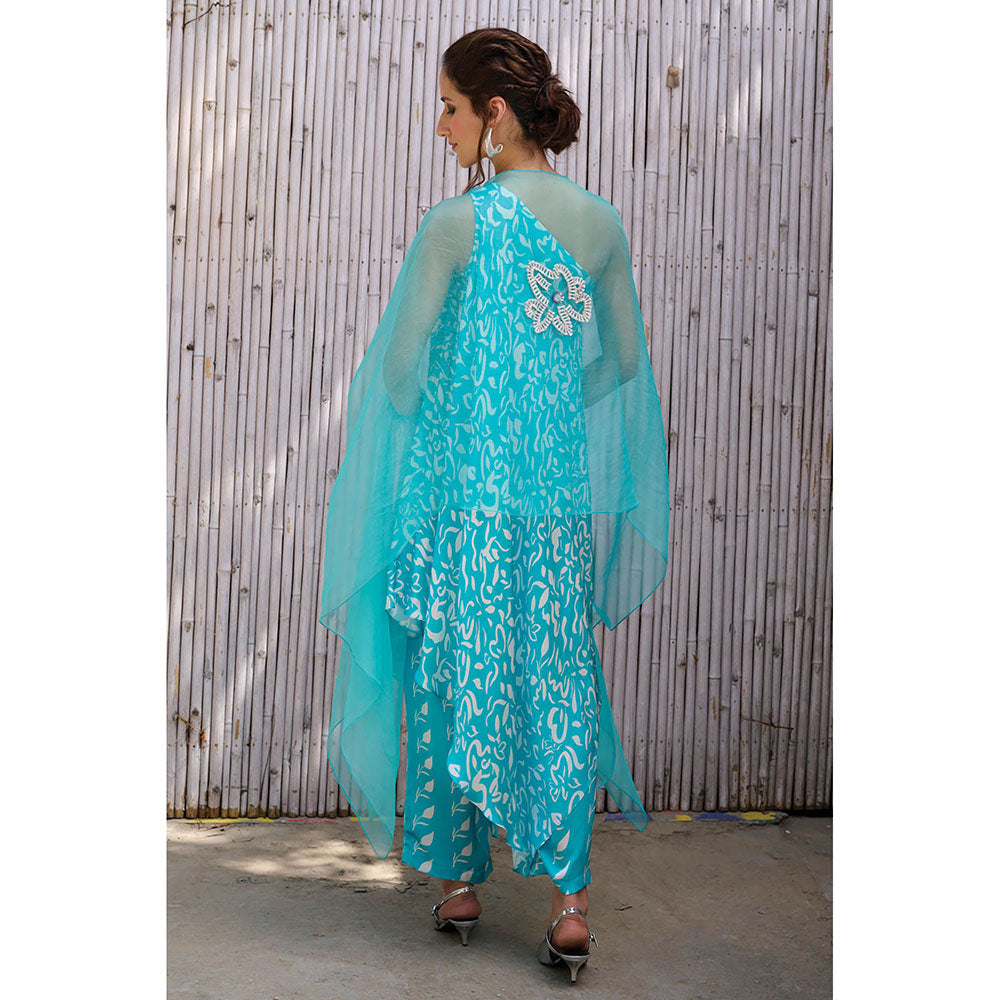 Kanelle Women One Shoulder Longline Sleeveless Gul Print Co-Ord-Turquoise (Set of 3)
