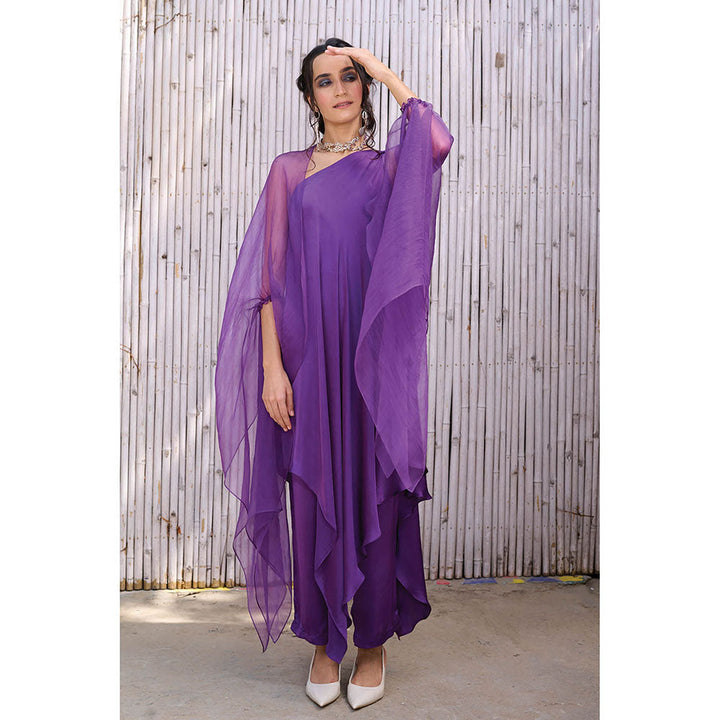 Kanelle Women One Shoulder Longline Sleeveless Gul Print Co-Ord-Purple (Set of 3)