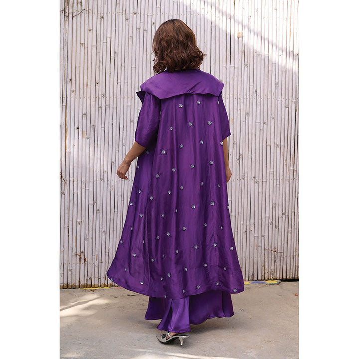 Kanelle Women Lapel Collar Longline Three Fourth Sleeve Ziya Co-Ord-Purple (Set of 3)