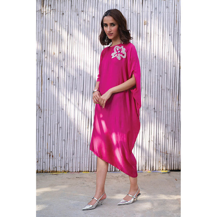 Kanelle Round Neck Ankle Length Three Fourth Sleeve Saba Print Dress-Pink