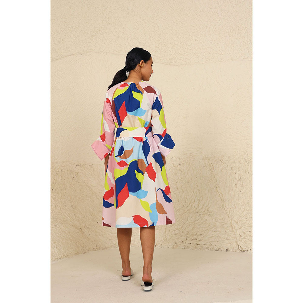 Kanelle Eden Multi Colour Printed Midi Dress With Belt (Set of 2)