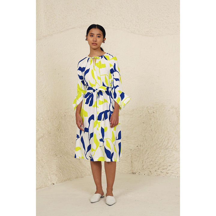 Kanelle Eden Lime Printed Midi Dress With Belt (Set of 2)