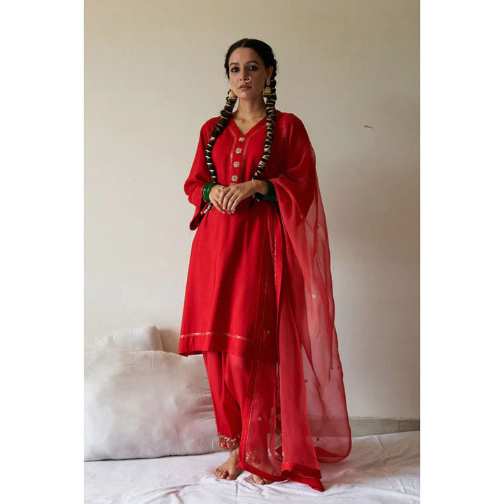 Kanika Sharma Laal Leheriya Kurta with Peshwa Salwar and Dupatta (Set of 3)