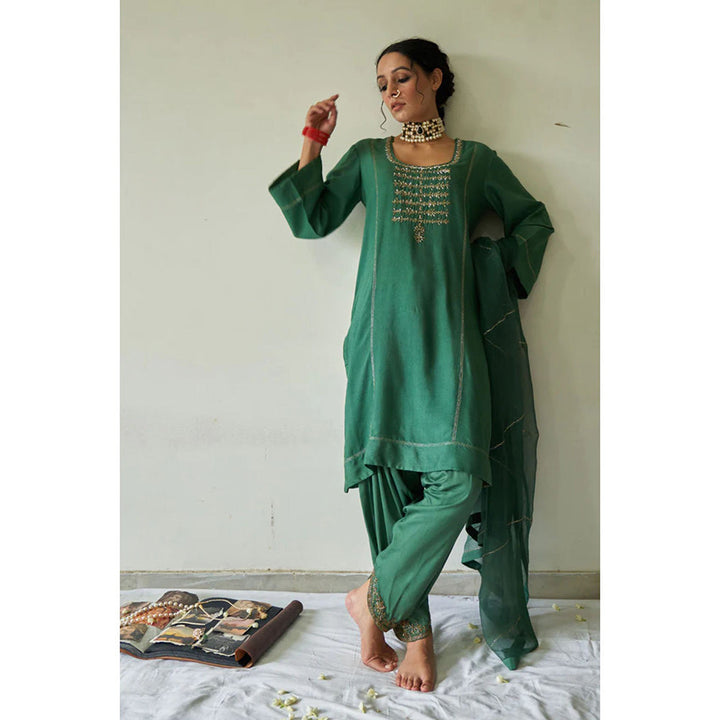 Kanika Sharma Hara Leheriya Kurta with Peshwa Salwar and Dupatta (Set of 3)