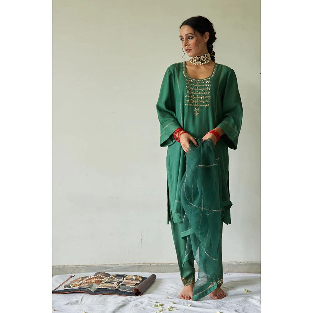 Kanika Sharma Hara Leheriya Kurta with Peshwa Salwar and Dupatta (Set of 3)