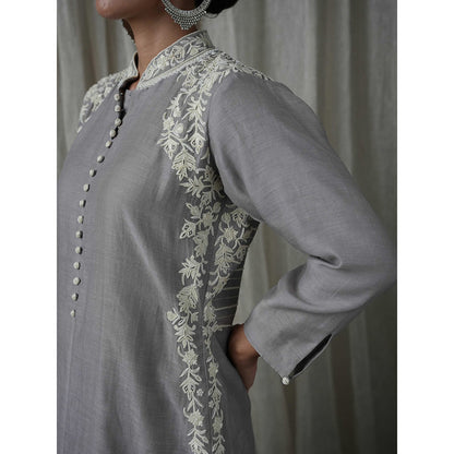Kanika Sharma Grey Chanderi Silk Pearl and Resham Embroidered Palazzo (Set of 3)