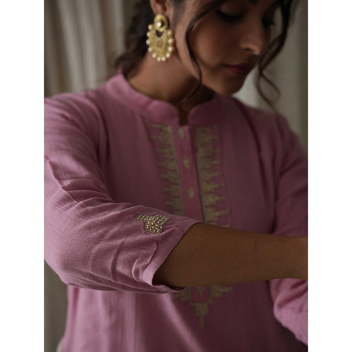 Kanika Sharma Onion Pink Crinkled Cotton Pearl and Badla Hand Embroidery Kurta (Set of 2)