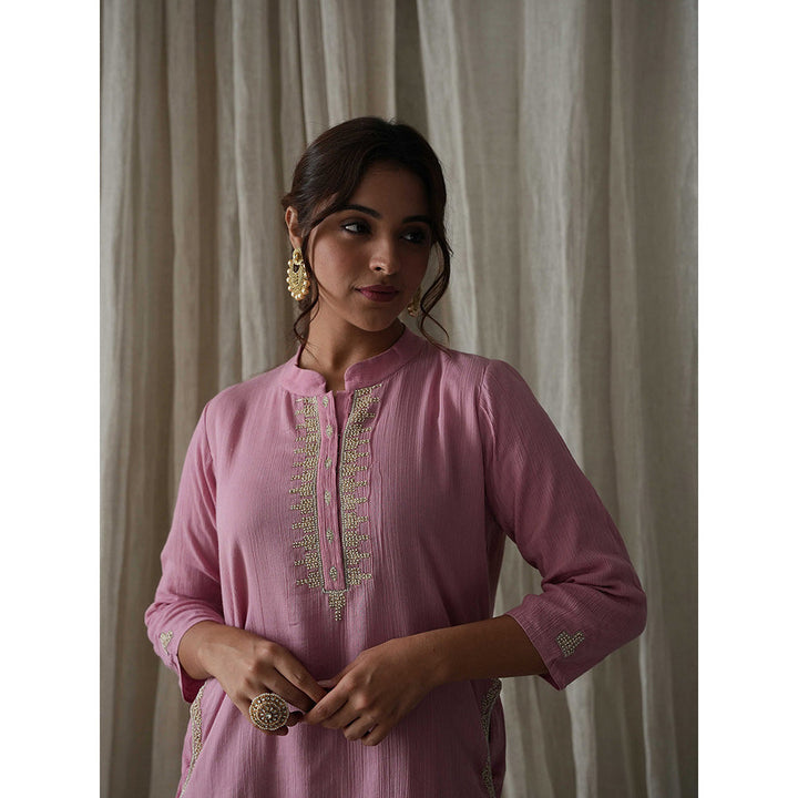 Kanika Sharma Onion Pink Crinkled Cotton Pearl and Badla Hand Embroidery Kurta (Set of 2)