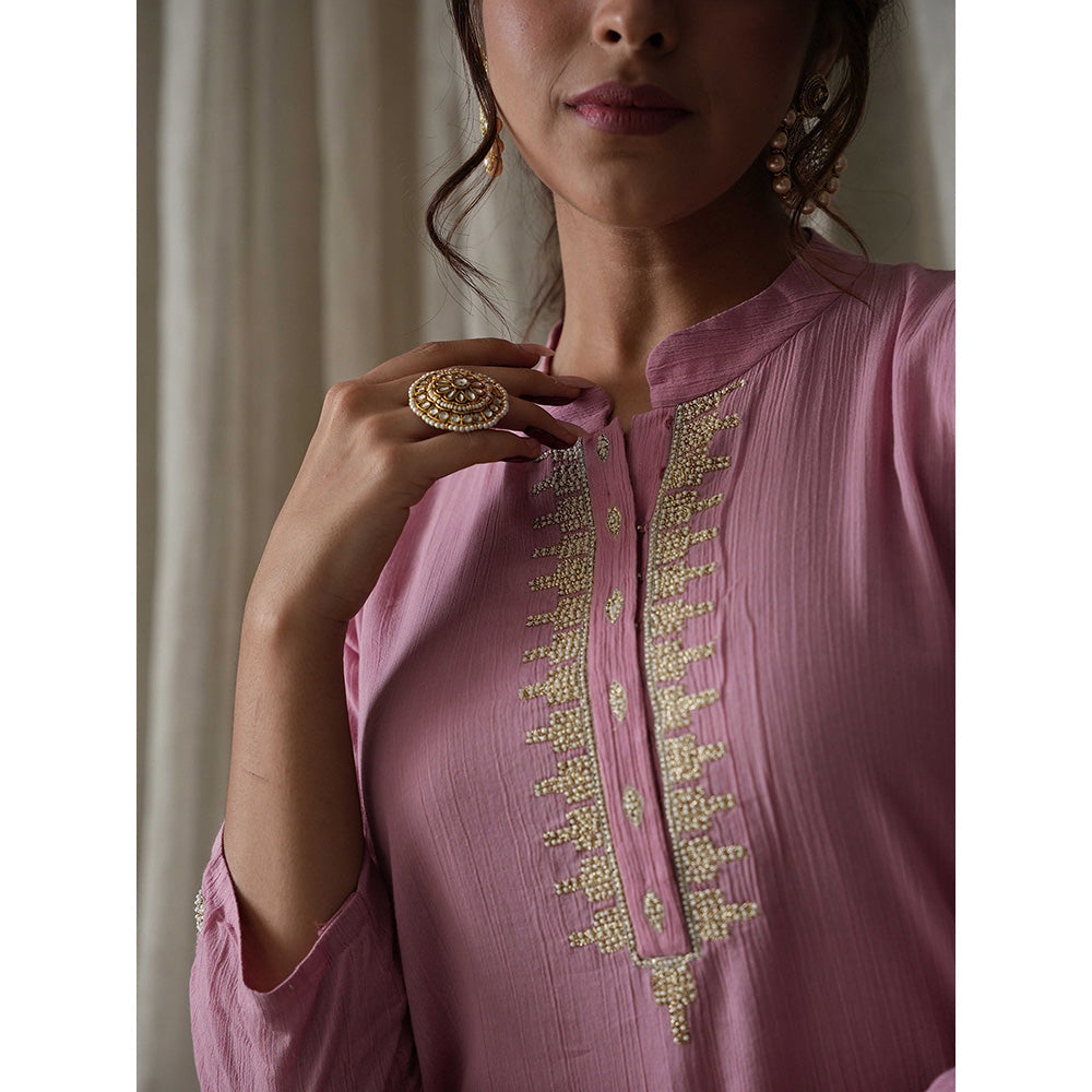 Kanika Sharma Onion Pink Crinkled Cotton Pearl and Badla Hand Embroidery Kurta (Set of 2)