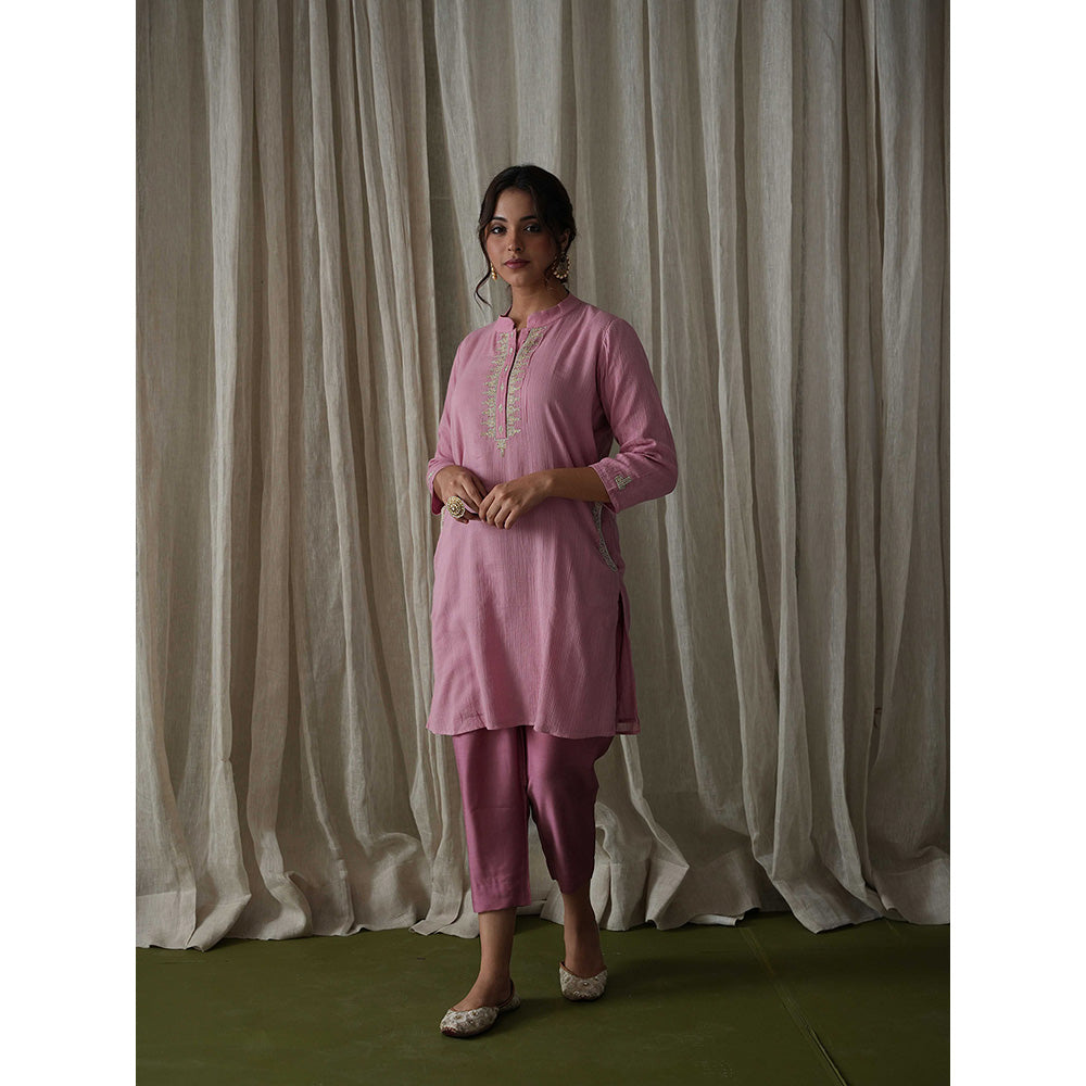 Kanika Sharma Onion Pink Crinkled Cotton Pearl and Badla Hand Embroidery Kurta (Set of 2)