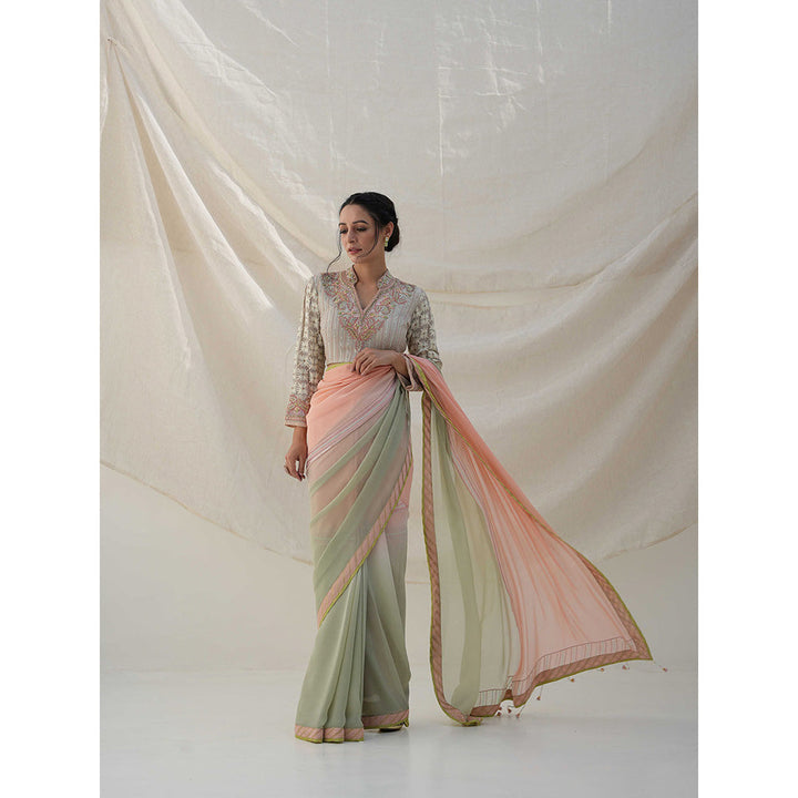 Kanika Sharma Ombre Georgette Embroidered Border Multi-Colour Saree with Stitched Blouse