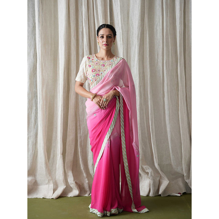 Kanika Sharma Ombre Shaded Pink Georgette Embroidered Border Saree with Stitched Blouse