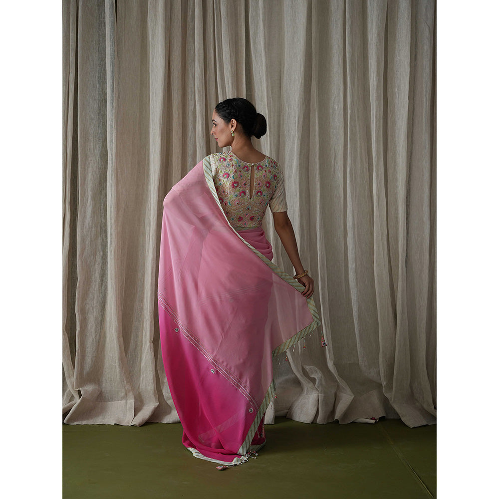 Kanika Sharma Ombre Shaded Pink Georgette Embroidered Border Saree with Stitched Blouse