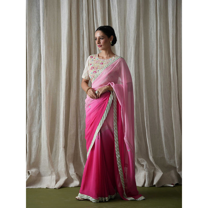 Kanika Sharma Ombre Shaded Pink Georgette Embroidered Border Saree with Stitched Blouse