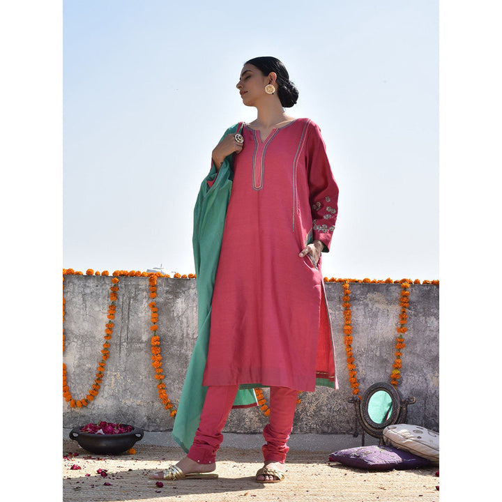 Kanika Sharma Fuchsia Chanderi Kurta with Churidar & Pati Dupatta (Set of 3)