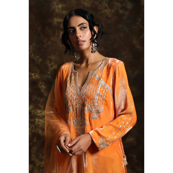 Kanika Sharma Sarung Velvet Kurta & A Net Dupatta with Embroidery Detailed Pant (Set of 3)