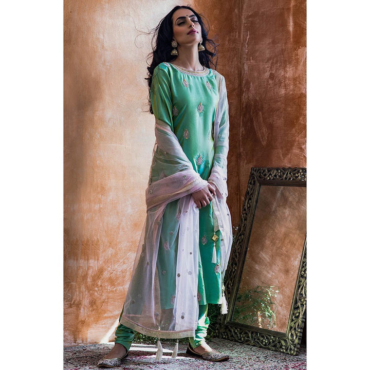 Kanika Sharma Green Embroidered Kurta And Churidar With Dupatta (Set of 3)