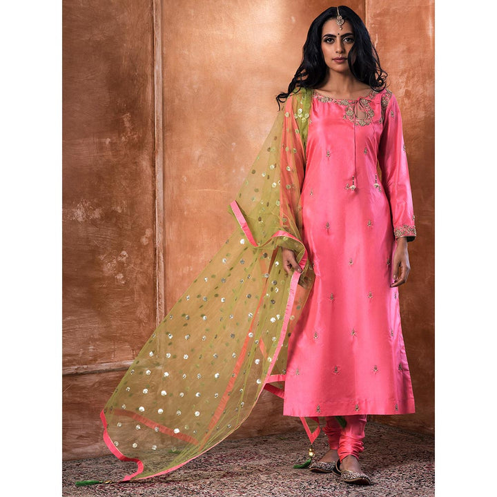 Kanika Sharma Pink Embroidered Kurta And Churidar With Dupatta (Set of 3)