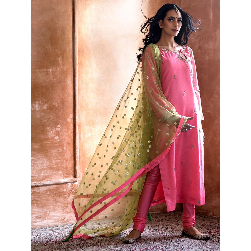 Kanika Sharma Pink Embroidered Kurta And Churidar With Dupatta (Set of 3)