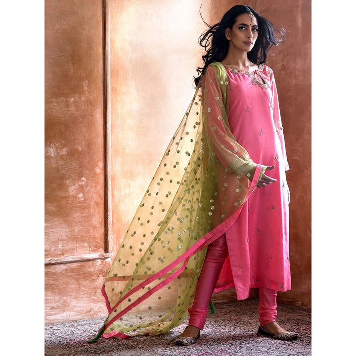 Kanika Sharma Pink Embroidered Kurta And Churidar With Dupatta (Set of 3)