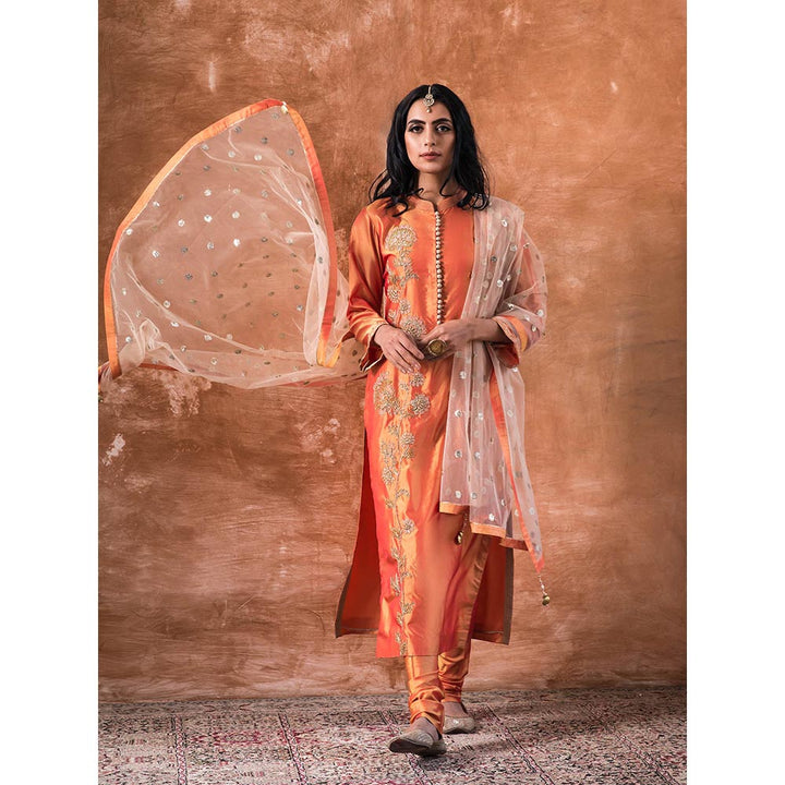 Kanika Sharma Orange Embroidered Kurta And Churidar With Dupatta (Set of 3)