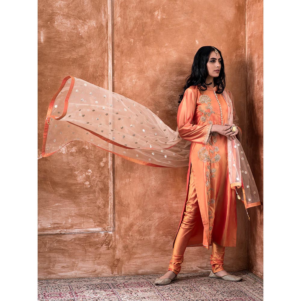 Kanika Sharma Orange Embroidered Kurta And Churidar With Dupatta (Set of 3)