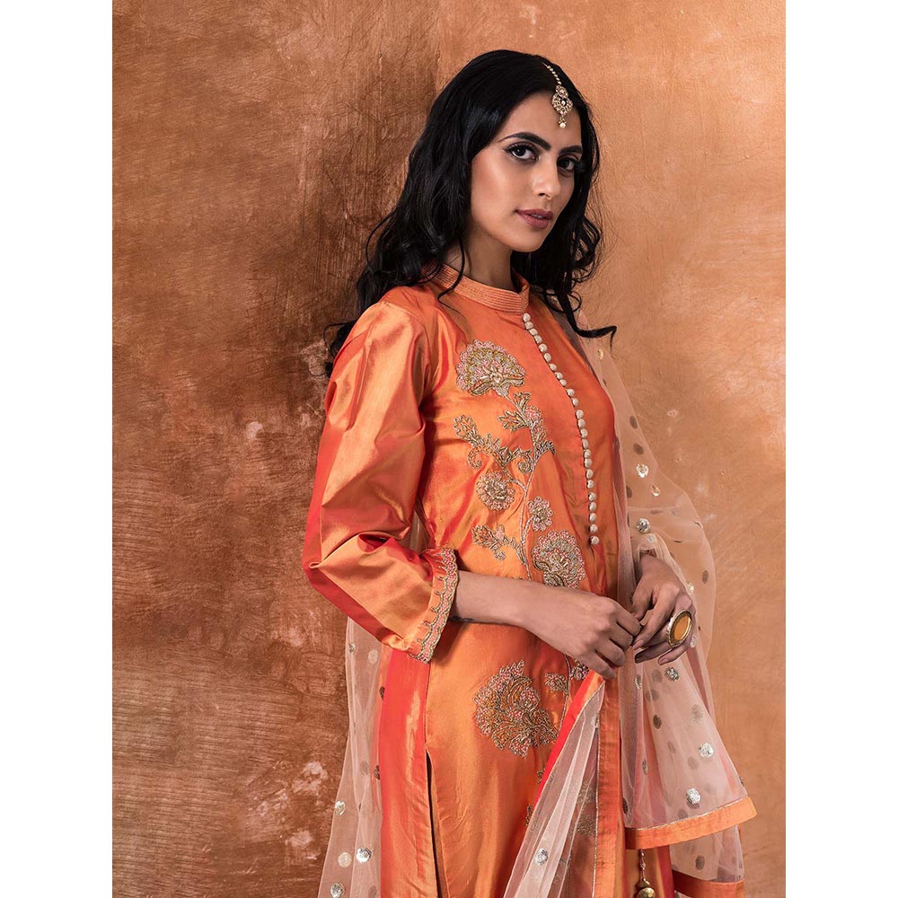 Kanika Sharma Orange Embroidered Kurta And Churidar With Dupatta (Set of 3)