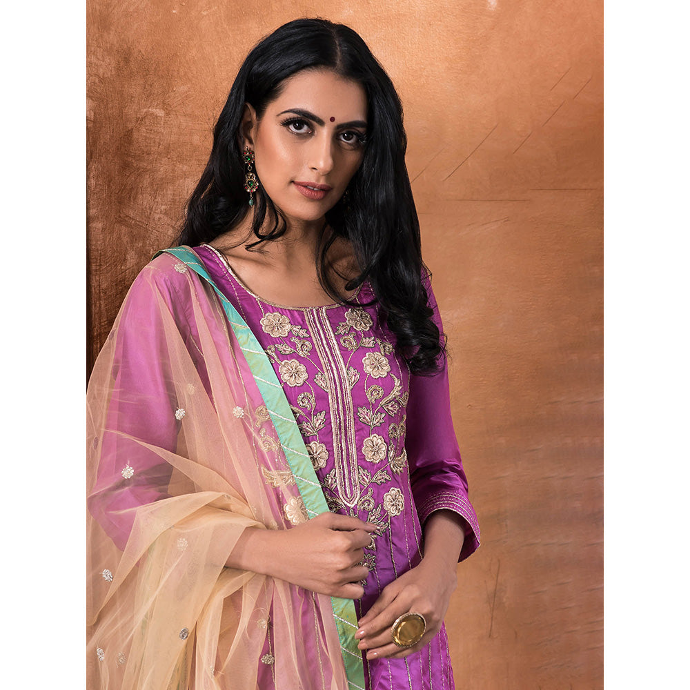 Kanika Sharma Purple Embroidered Kurta And Churidar With Dupatta (Set of 3)