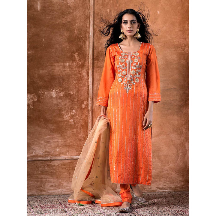 Kanika Sharma Orange Embroidered Kurta And Churidar With Dupatta (Set of 3)