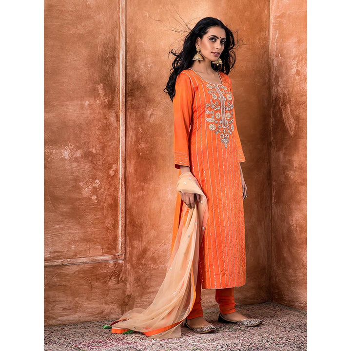 Kanika Sharma Orange Embroidered Kurta And Churidar With Dupatta (Set of 3)