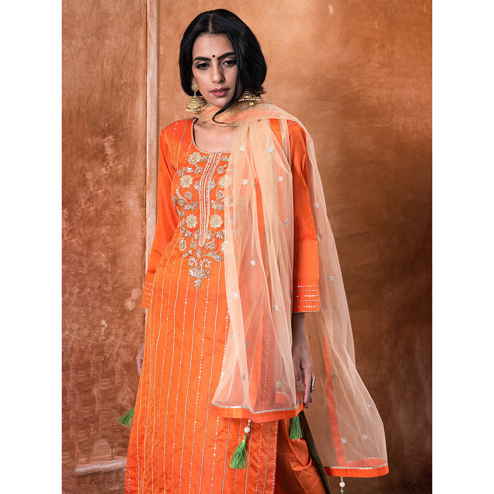 Kanika Sharma Orange Embroidered Kurta And Churidar With Dupatta (Set of 3)