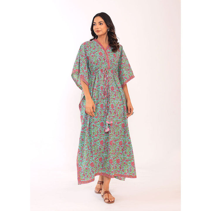 Kaori By Shreya Western Green & Pink Relaxed Cotton Kaftan Kurta