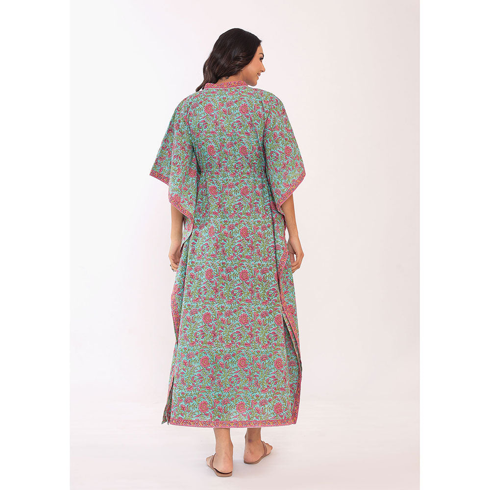 Kaori By Shreya Western Green & Pink Relaxed Cotton Kaftan Kurta