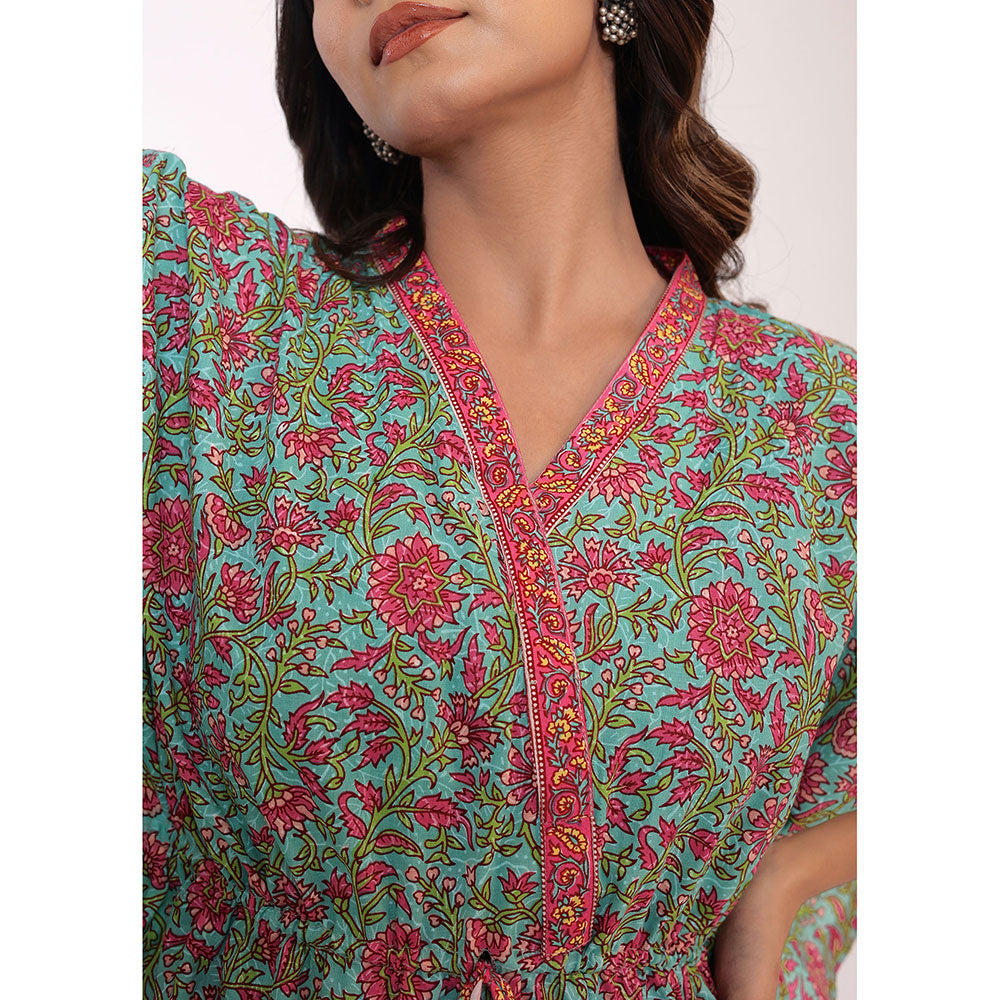 Kaori By Shreya Western Green & Pink Relaxed Cotton Kaftan Kurta