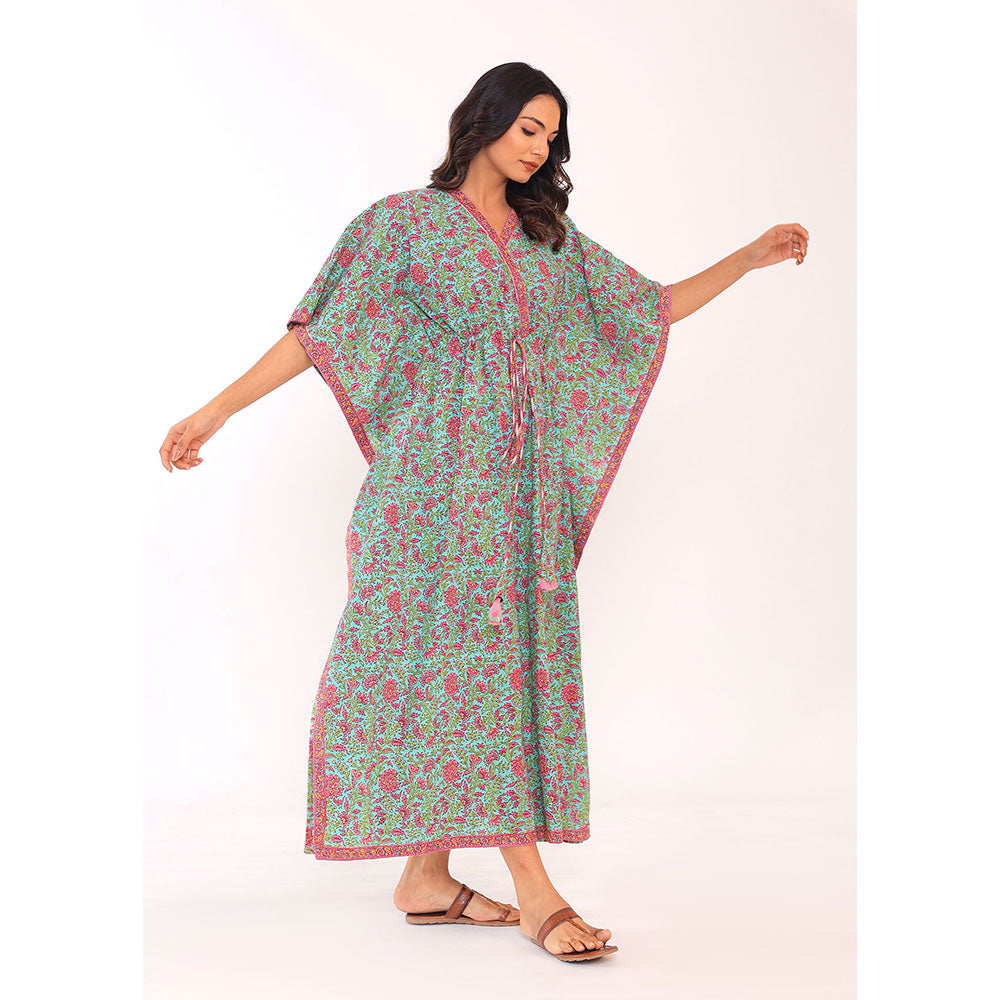 Kaori By Shreya Western Green & Pink Relaxed Cotton Kaftan Kurta