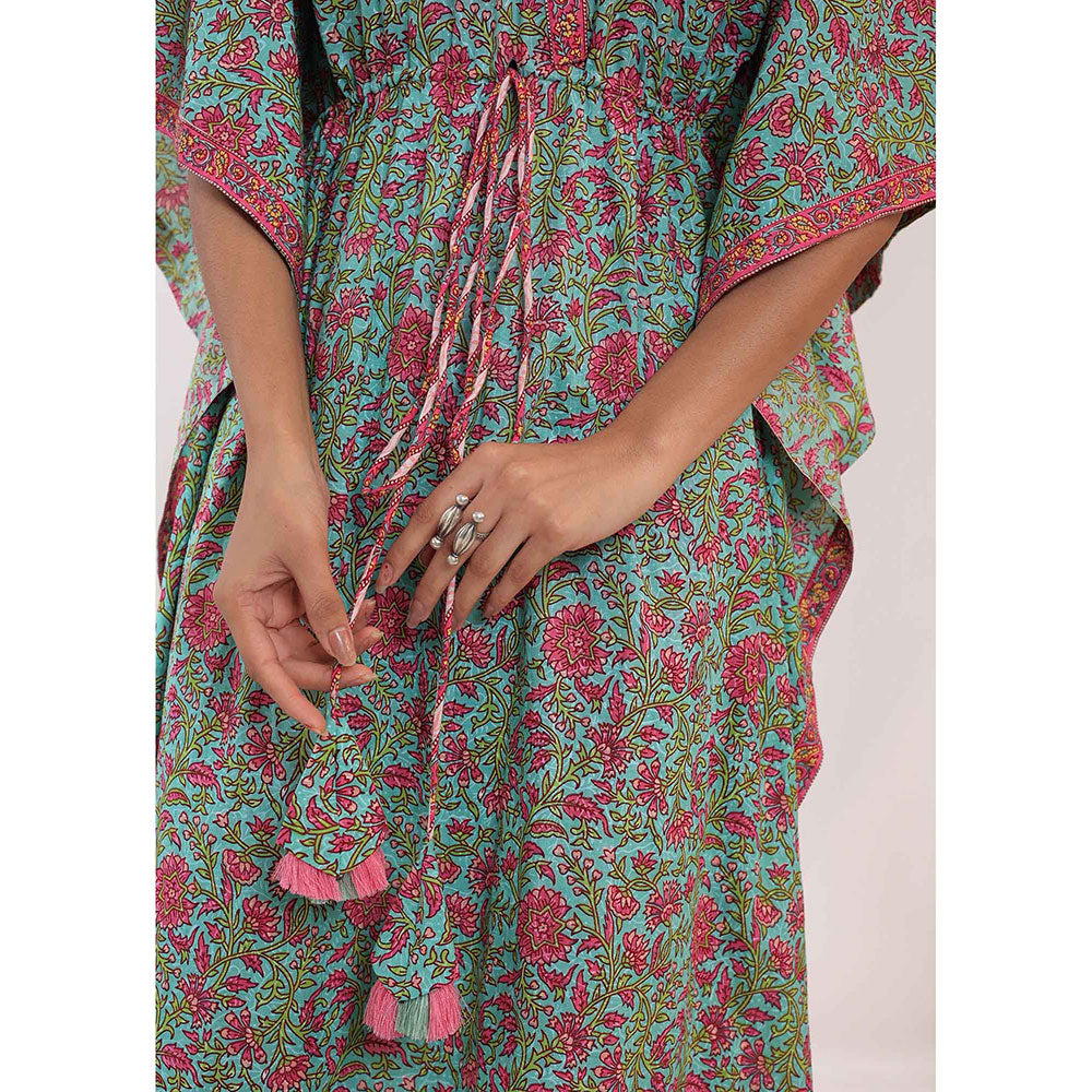 Kaori By Shreya Western Green & Pink Relaxed Cotton Kaftan Kurta