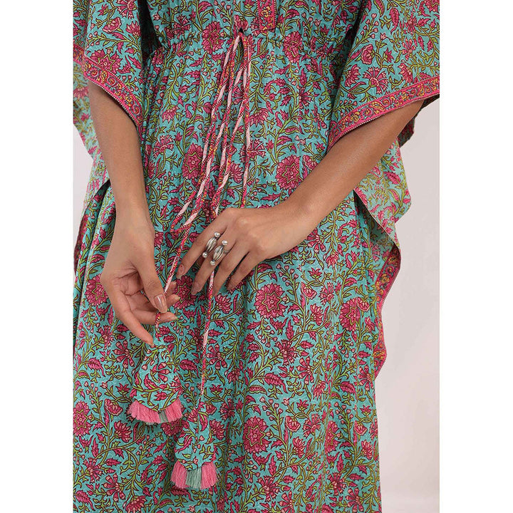 Kaori By Shreya Western Green & Pink Relaxed Cotton Kaftan Kurta