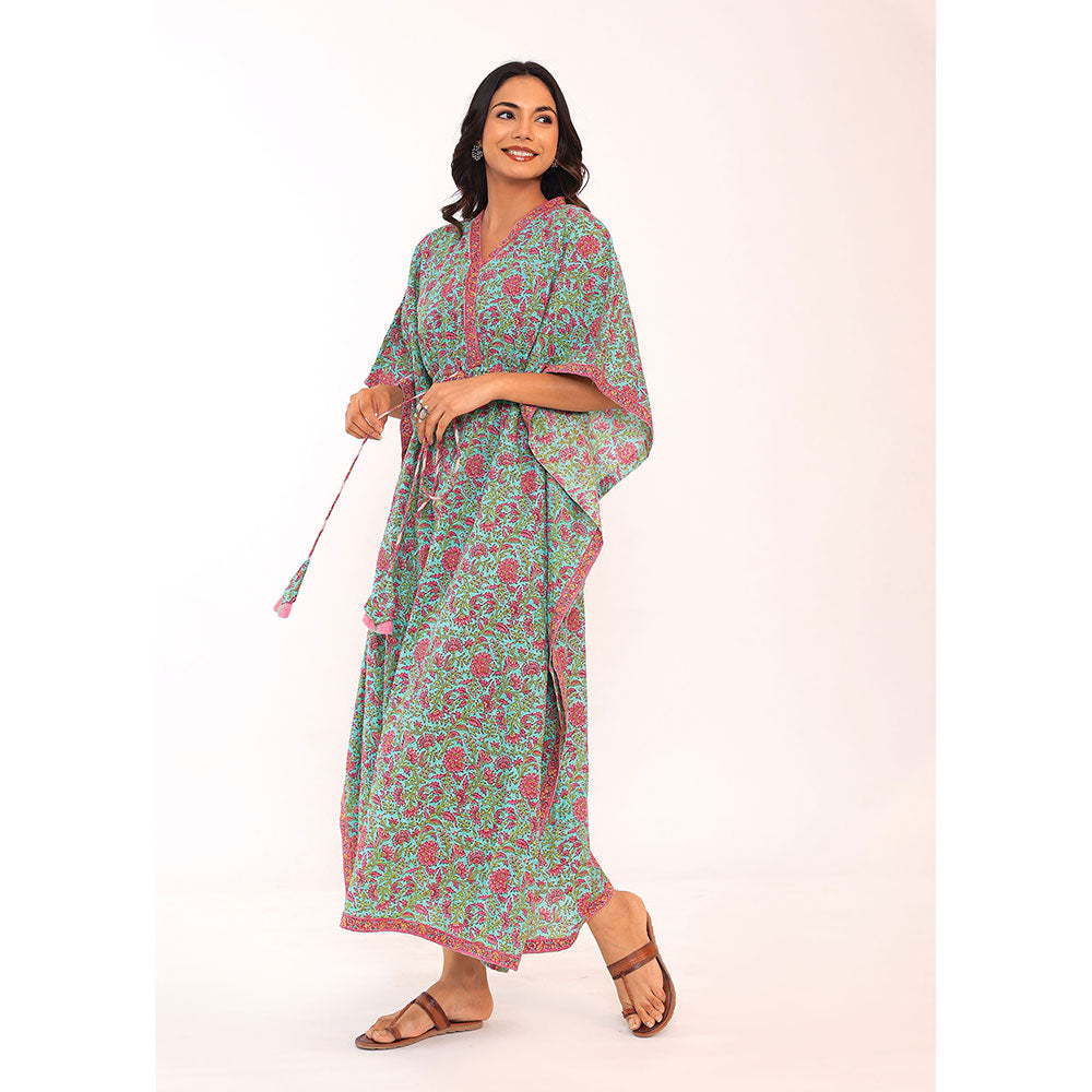 Kaori By Shreya Western Green & Pink Relaxed Cotton Kaftan Kurta