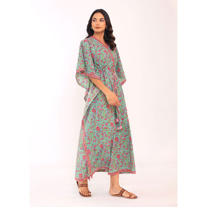 Kaori By Shreya Western Green & Pink Relaxed Cotton Kaftan Kurta