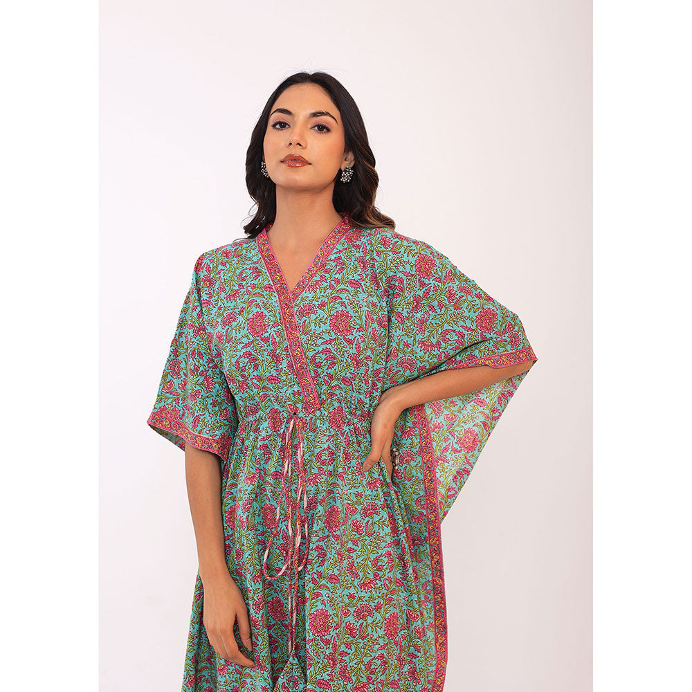 Kaori By Shreya Western Green & Pink Relaxed Cotton Kaftan Kurta